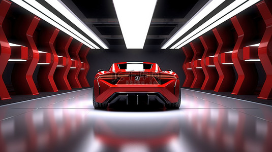 未来车库的 3D 渲染，配有一辆没有品牌标识的通用红色跑车