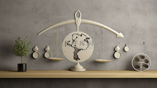 正义图标背景图片_生态平衡的 3D 插图，以灰色木质背景上的图标为特色