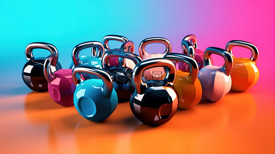 彩色马铃薯背景图片_充满活力的健身器材系列哑铃壶铃和橡胶重量彩色背景 3D 插图