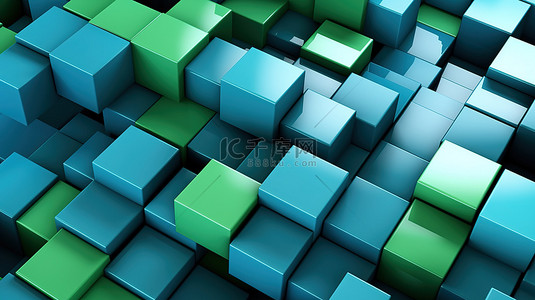 蓝灰色科技背景背景图片_关闭灰色背景上抽象绿色和蓝色块的 3D 渲染