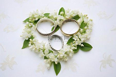 两个心形绿色结婚戒指，带叶子