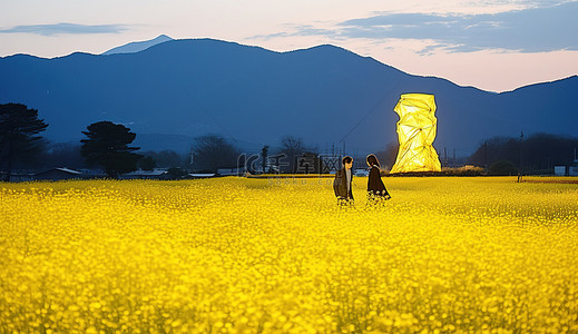 花田ppt背景图片_一片黄色的花田和远处的山脉