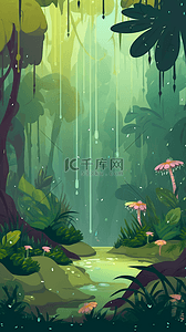 树林草地背景背景图片_蘑菇树水流雨中森林卡通背景自然风景