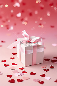 盒子盒背景图片_粉红色表面上的一个空礼品盒，上面有白色的心