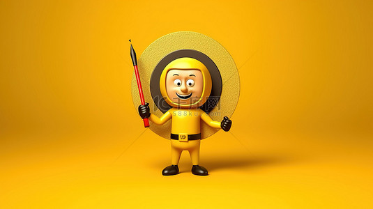黄色背景的 3D 渲染，带有奖杯吉祥物人物射箭目标和飞镖在中心金奖获得者