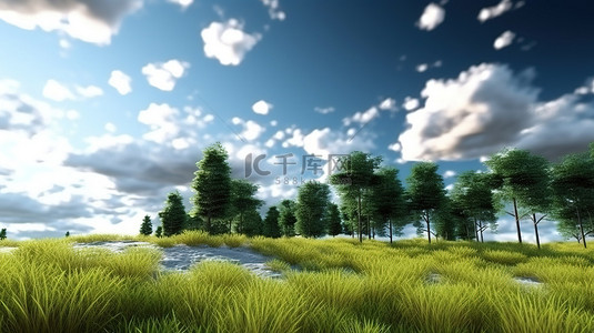 广阔的景观，郁郁葱葱的绿色植物和滚滚云朵的 3D 描绘