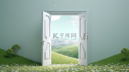 主管开放日背景图片_绿花山丘的真实 3D 渲染，带有开放的白色木门
