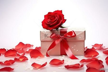白色表面上的红玫瑰和礼品盒