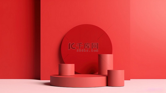 红色3礼盒背景图片_抽象红色背景下几何形状产品讲台的 3D 渲染