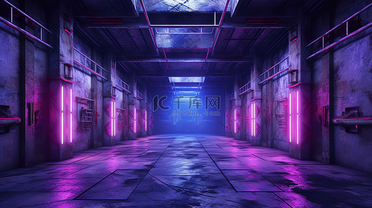 黑色工业背景图片_工业混凝土建筑内部的 3D 渲染，具有垃圾摇滚氛围和充满活力的紫蓝色霓虹灯
