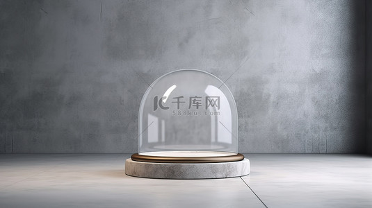 白影背景图片_混凝土讲台上的白色托盘，带有 3D 渲染的空玻璃圆顶