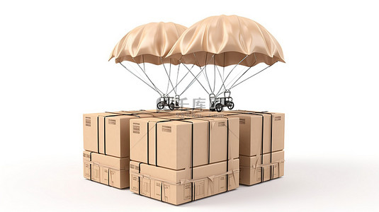 降落伞背景图片_木托盘上的运输理念纸板箱，带降落伞，白色背景 3D 插图