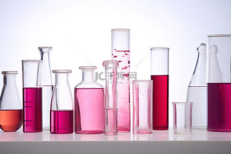 几个彩色玻璃花瓶和装有粉红色液体的试管