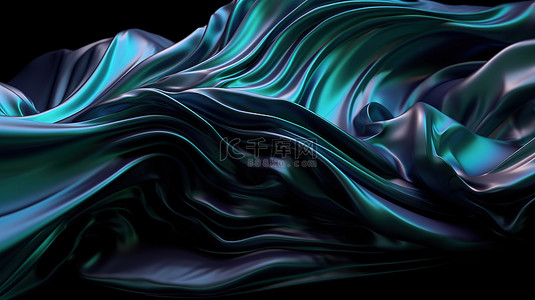 抽象时尚背景深蓝色丝绸和发光全息箔 3D 渲染