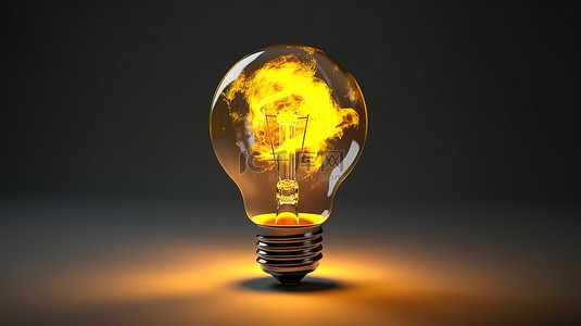 创新的黄色灯泡代表创意想法 3D 概念激发设计创造力和能量
