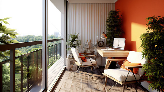 生活中背景图片_阳台的双重用途家庭或公寓中的起居区和工作区的 3D 渲染