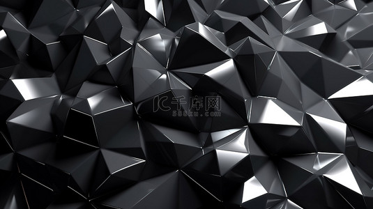logo黑色背景图片_黑色三角形的抽象未来派低聚背景上发光白色网格的简约黑色 3D 渲染