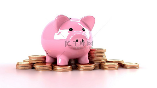 白色背景，堆积着金币和粉色存钱罐，描绘财务规划和省钱 3D 渲染