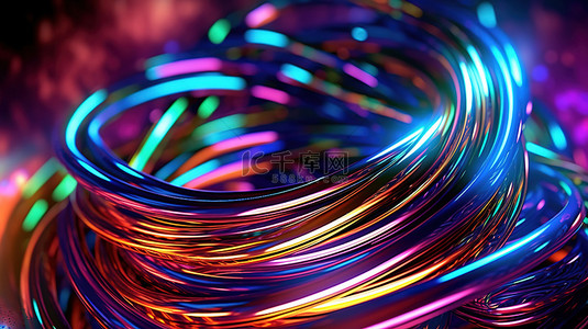 花金属背景图片_由绞合线组成的抽象金属结构，由充满活力的霓虹灯照亮，特写视图当代几何 3D 艺术品
