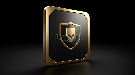 金色盾牌背景图片_3d 渲染的金色盾牌图标键按钮和黑色方块上的 ui ux 元素