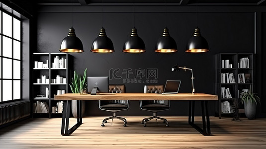 时尚别致的黑色办公室工作室空间的 3D 渲染，配有木桌和电脑