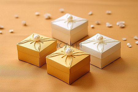 四个黄色珍珠和蕾丝盒子一组