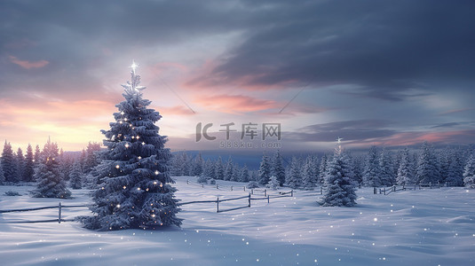 冬季景观与圣诞树的 3D 渲染是欢乐节日的迷人问候