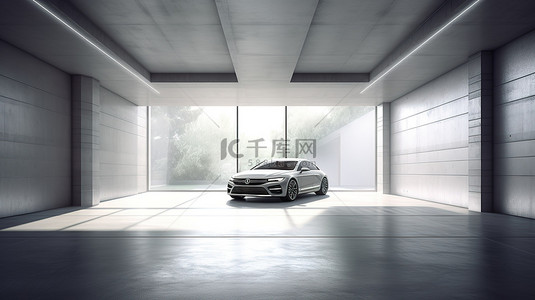 车展背景背景图片_3D 渲染的当代建筑，以宽敞的混凝土地板和车库车展示为背景