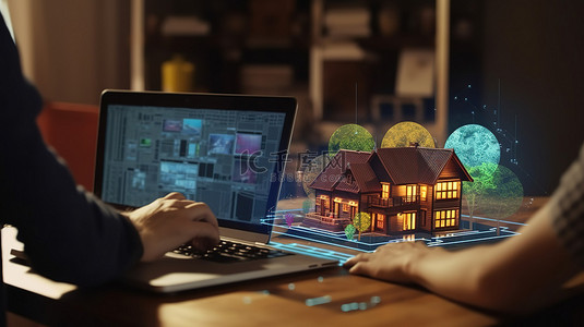 工作互联网背景图片_使用笔记本电脑和带有研究数据界面屏幕的 3D 模型房屋的人的工作效率