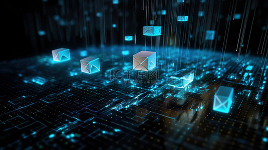 电子邮件通信概念数字背景与电子邮件转发服务和 3D 渲染中的图标