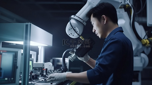 来自亚洲的熟练技术人员在工厂环境中操作具有 3D 渲染技术的机械臂