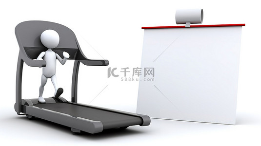 空白纸剪贴板和跑步机与 3d 人在白色背景渲染