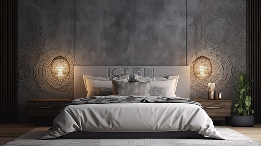 室内场景 3d 渲染插图，带有装饰的床头板卧室模型