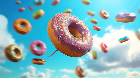 面包店广告背景图片_甜甜圈悬挂在半空中 3D 渲染框架，具有充足的复制空间，非常适合面包店广告