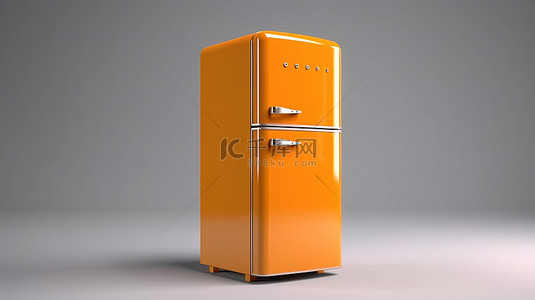 老式冰箱背景图片_老式厨房用具复古橙色冰箱的 3D 渲染侧视图