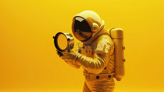 宇航员用放大镜在充满活力的黄色 3D 渲染中进行检查