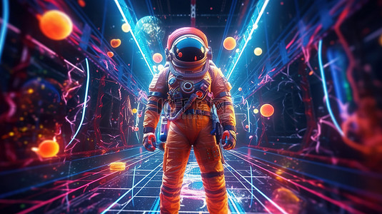 宇航员在霓虹灯和音乐氛围中的发光夜生活 3D 渲染
