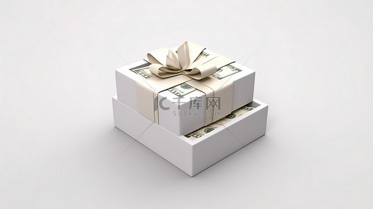 空白背景上带现金的孤立白色礼品盒的 3D 渲染