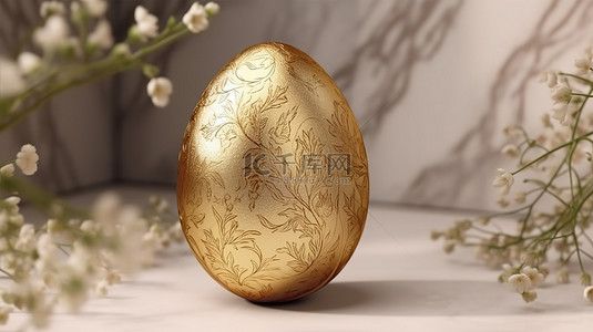 米色墙壁上装饰的金色复活节彩蛋 3D 渲染的春季四月假期卡