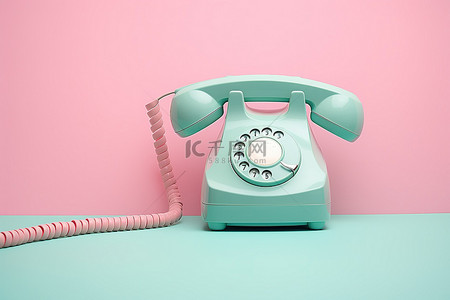 绿松石桌面上的一部旧粉色电话