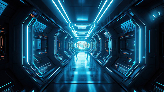 具有未来派科幻设计和蓝色照明的宇宙飞船走廊的 3d 描绘