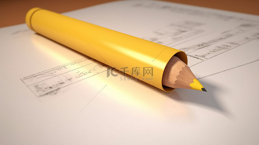 空白画布和一支充满活力的黄色 3D 铅笔