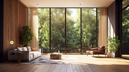 现代室内设计中宽敞客厅的 3D 插图，配有大窗户和自然风光