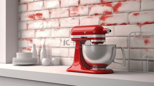 厨房电器海报背景图片_红色厨房立式食品搅拌机的特写渲染，带有空白框架，靠在砖墙上