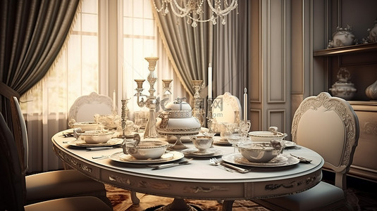经典餐厅的 3D 渲染，配有优雅的豪华餐桌