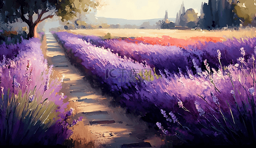毛笔文化背景图片_紫色花园油画花卉背景