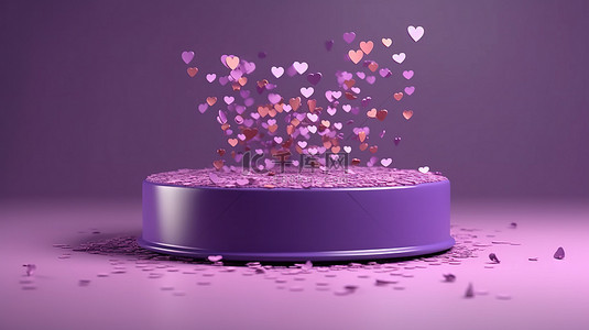 14情人节背景图片_3D 渲染的紫罗兰色讲台展示与飞扬的心形五彩纸屑，庆祝欢乐的情人节