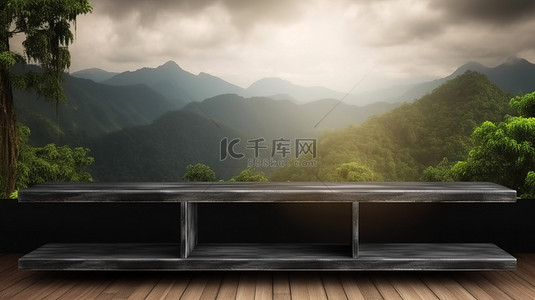 文本板背景图片_3D 渲染中的自然背景黑色木桌或架子，用于带有自定义文本空间的产品展示