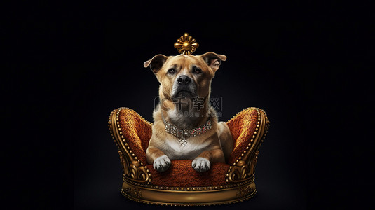 王座上带皇冠的帝王犬的 3d 渲染