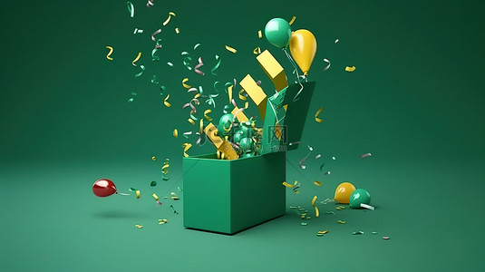 欢快的生日狂欢用气球五彩纸屑和绿色背景对爆炸性数字 8 进行 3D 渲染